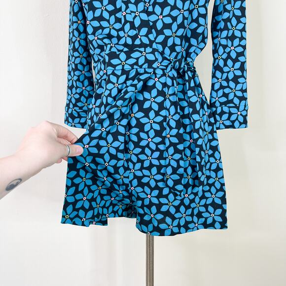 DVF | Celeste Floral Wrap Blue Black Cotton Silk Designer Romper No Size Tag EUC - Picture 5 of 10